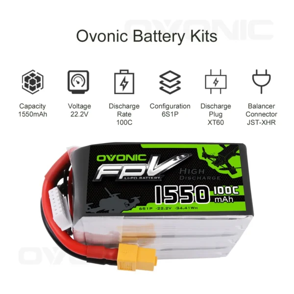 OVONIC 1550mAh 6S 22.2V 100C LiPo Battery – XT60 Connector for FPV Freestyle & Racing Drones, Premium.Details below. - Image 3