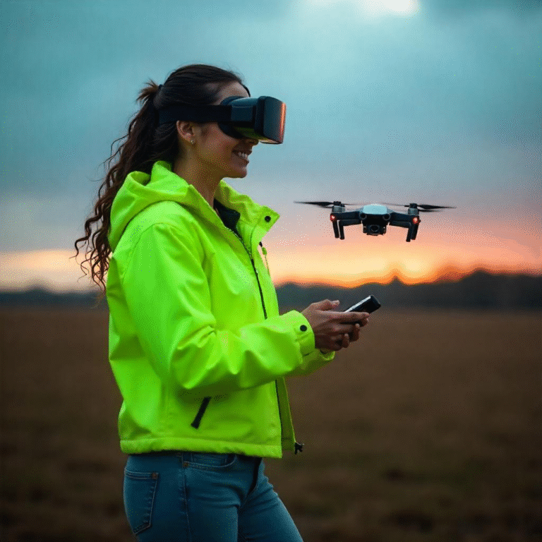 Drone pilot flying an FPV drone while wearing first-person view goggles outdoors.